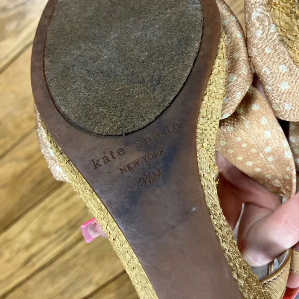 Kate Spade‎ New York Polka Dot Bow Raffia Wedge Sandals Tan Cream 9.5M